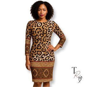 ESITO Bold 3/4 Sleeve Leopard + Tribal Print Bodycon Dress Size EU 38 US 6